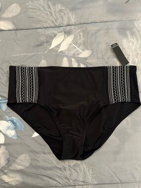 NWTS Black Women's High Waist Bikini Bottom w/Embroidered Side Panels Sz 20/22